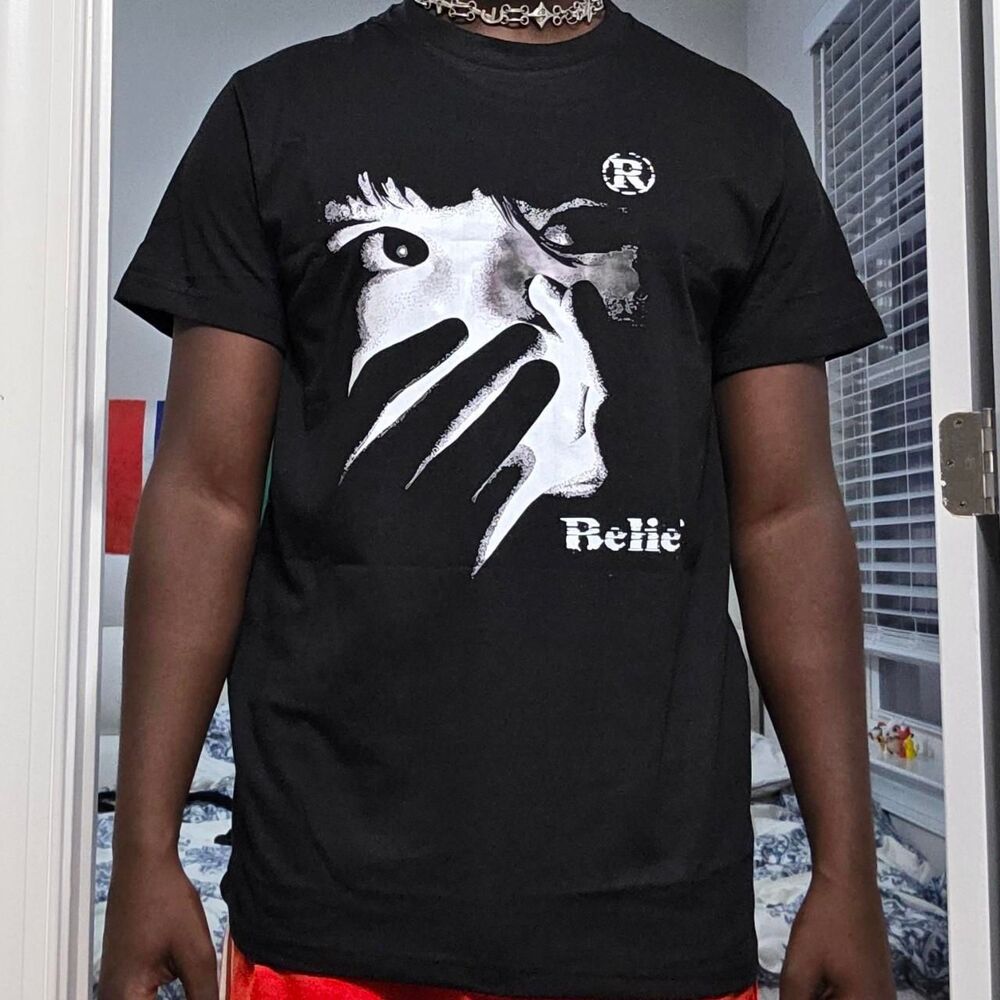 Belief Distressed Face Graphic Black T-Shirt Y2K Grunge Streetwear